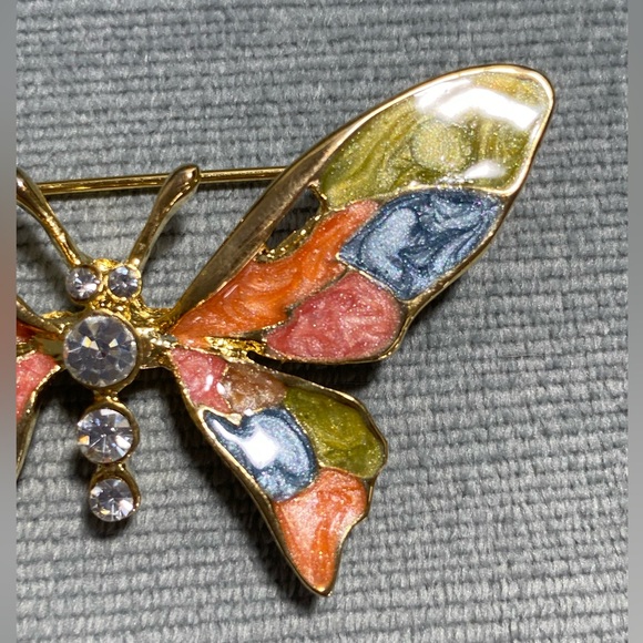Vintage cloisonne’ enameled wings butterfly golden broach, C clasp 2.5“ x 1.5“ - Picture 3 of 11
